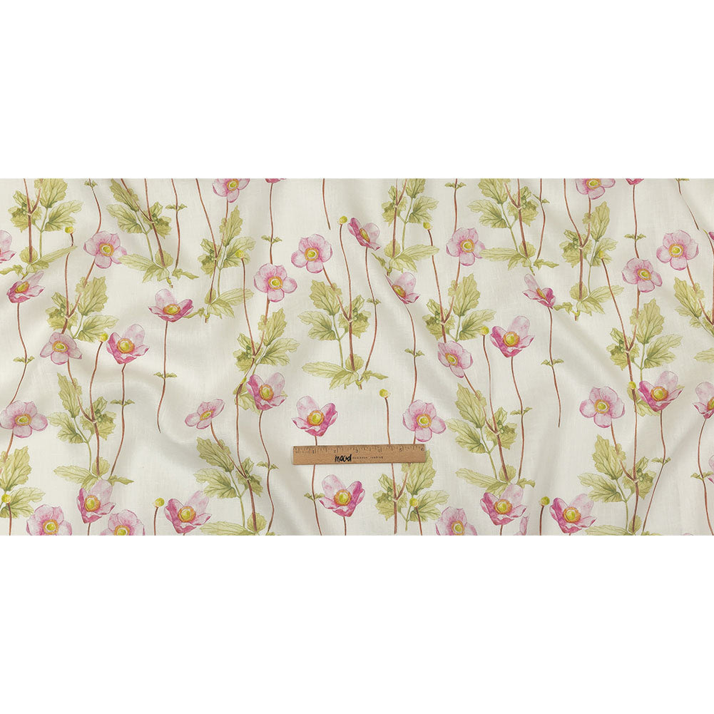 Pink, Green and White Anemone Flower Medium Weight Linen Woven
