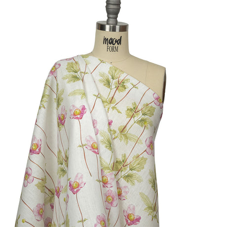 Pink, Green and White Anemone Flower Medium Weight Linen Woven