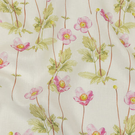 Pink, Green and White Anemone Flower Medium Weight Linen Woven