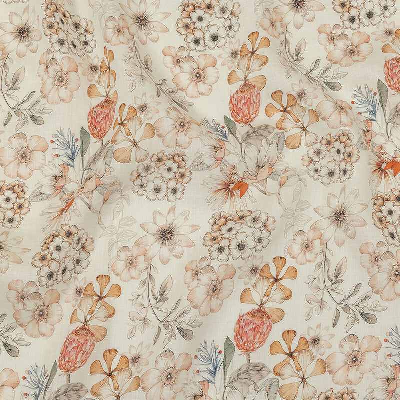 Peach, Red and White Floral Lightweight Linen Woven