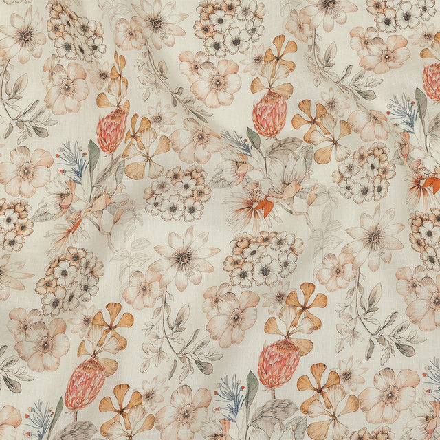 Peach, Red and White Floral Lightweight Linen Woven