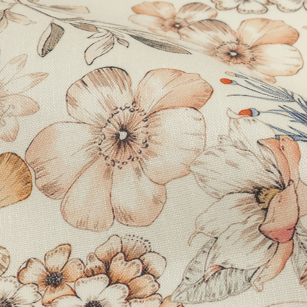 Peach, Red and White Floral Stretch Linen and Rayon Woven