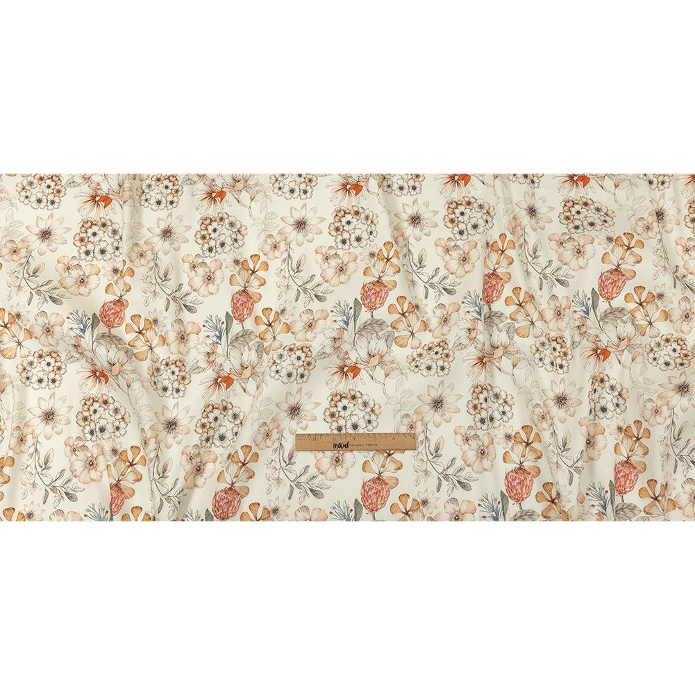 Peach, Red and White Floral Stretch Linen and Rayon Woven