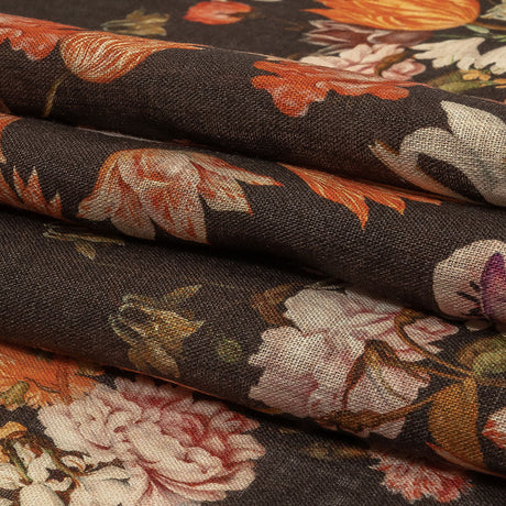 Red, Orange and Dark Brown Bouquets Lightweight Linen Woven