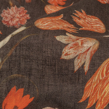 Red, Orange and Dark Brown Bouquets Lightweight Linen Woven