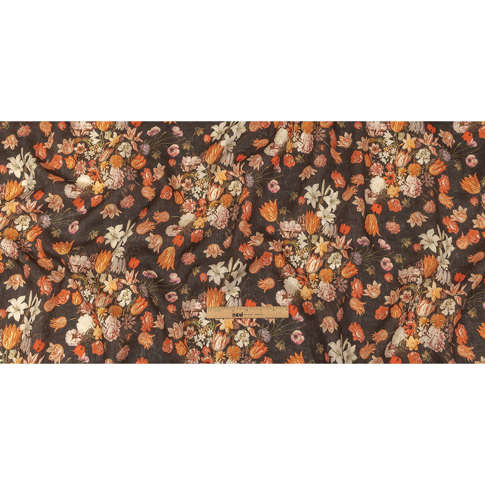 Red, Orange and Dark Brown Bouquets Lightweight Linen Woven