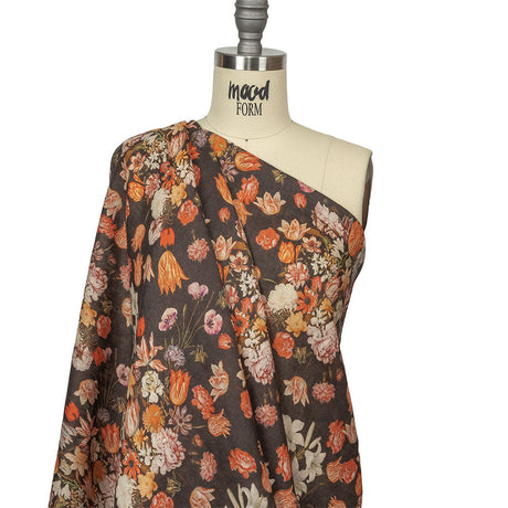 Red, Orange and Dark Brown Bouquets Lightweight Linen Woven
