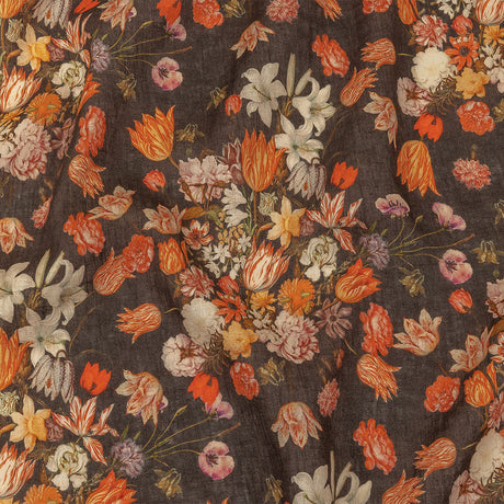 Red, Orange and Dark Brown Bouquets Lightweight Linen Woven