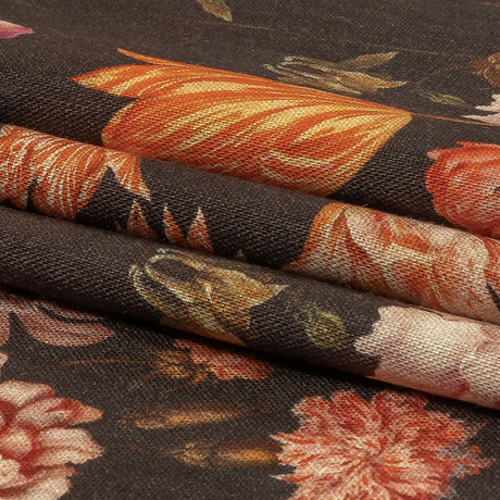 Red, Orange and Dark Brown Bouquets Stretch Linen and Rayon Woven