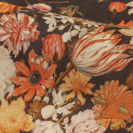 Red, Orange and Dark Brown Bouquets Stretch Linen and Rayon Woven