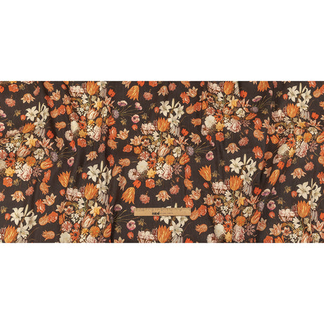 Red, Orange and Dark Brown Bouquets Stretch Linen and Rayon Woven