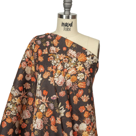 Red, Orange and Dark Brown Bouquets Stretch Linen and Rayon Woven