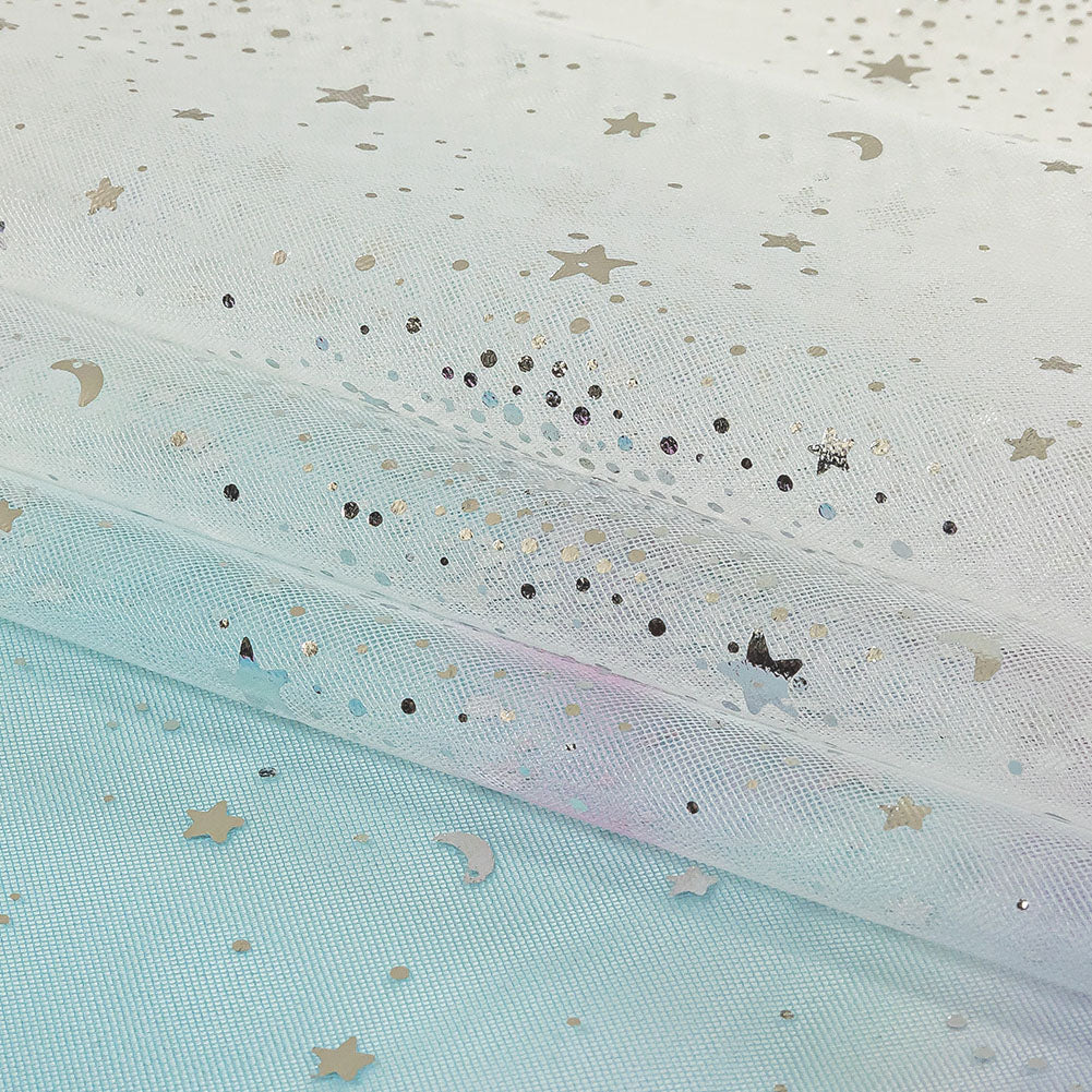 Blue, White and Silver Starry Border Printed Tulle
