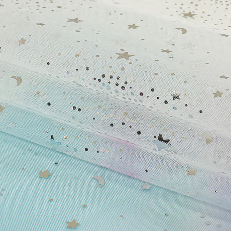 Blue, White and Silver Starry Border Printed Tulle