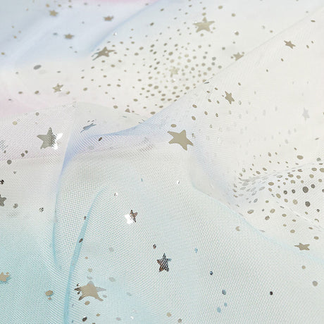 Blue, White and Silver Starry Border Printed Tulle