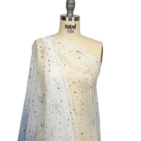 Blue, White and Silver Starry Border Printed Tulle
