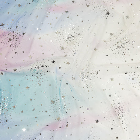 Blue, White and Silver Starry Border Printed Tulle