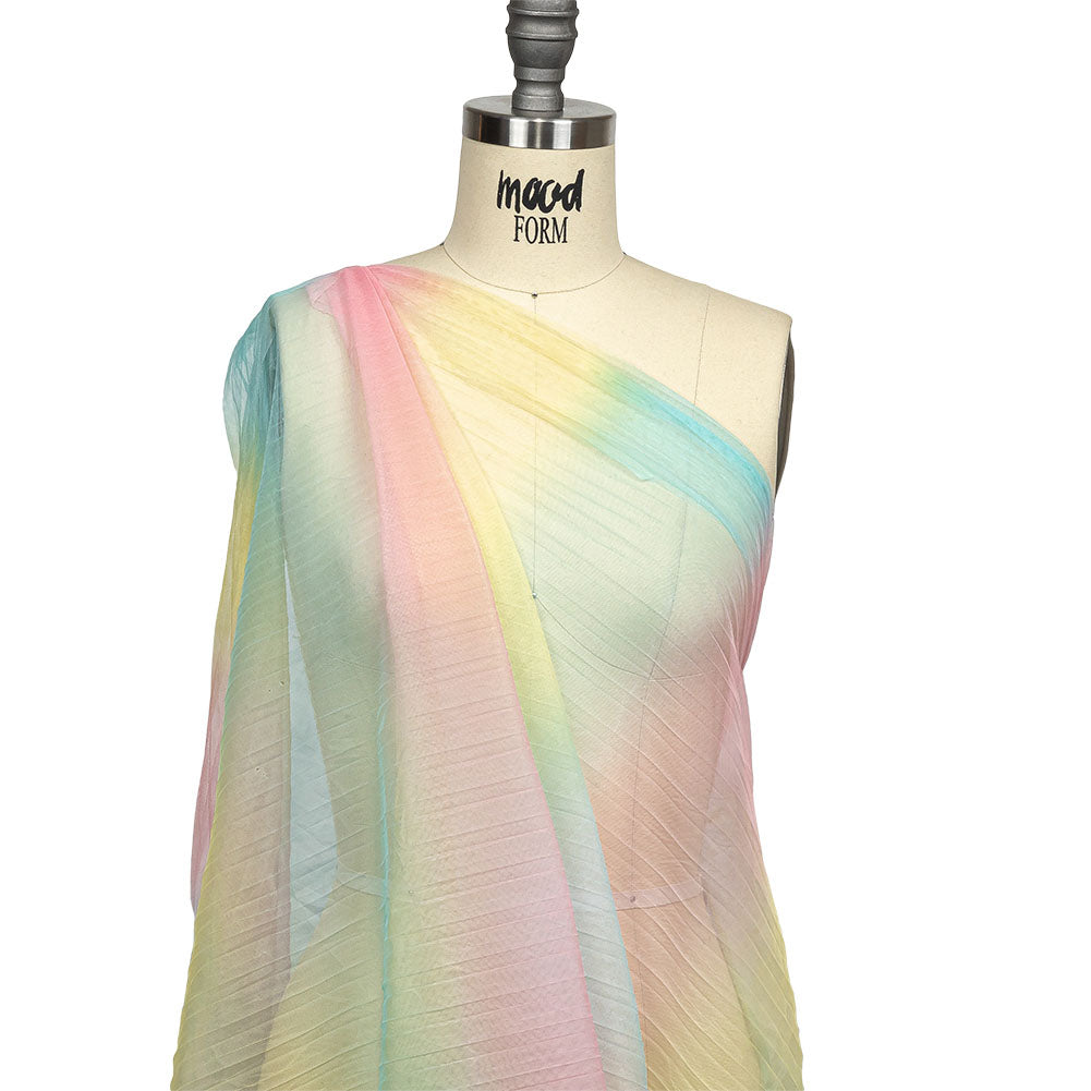 Sea Pink, Yellow and Blue Gradient Stripes Pleated Tulle