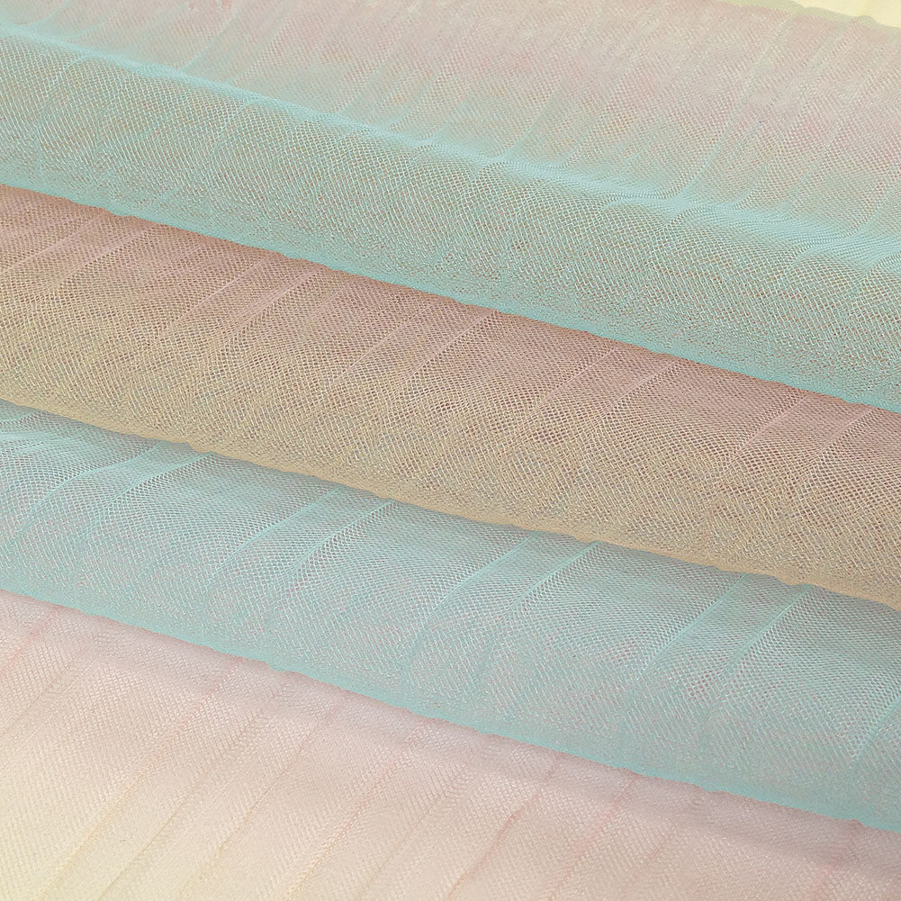 Sea Pink, Yellow and Blue Gradient Stripes Pleated Tulle