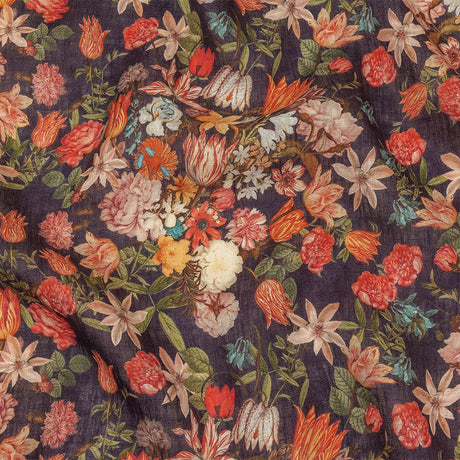 Red, Orange and Eggplant Bouquets Lightweight Linen Woven
