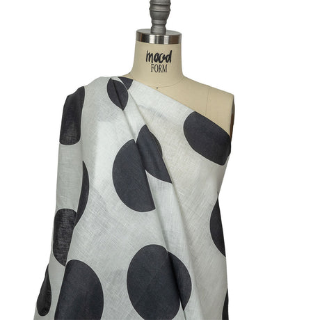 Medium Weight Linen Woven Print - Black and White Oversized Polka Dots