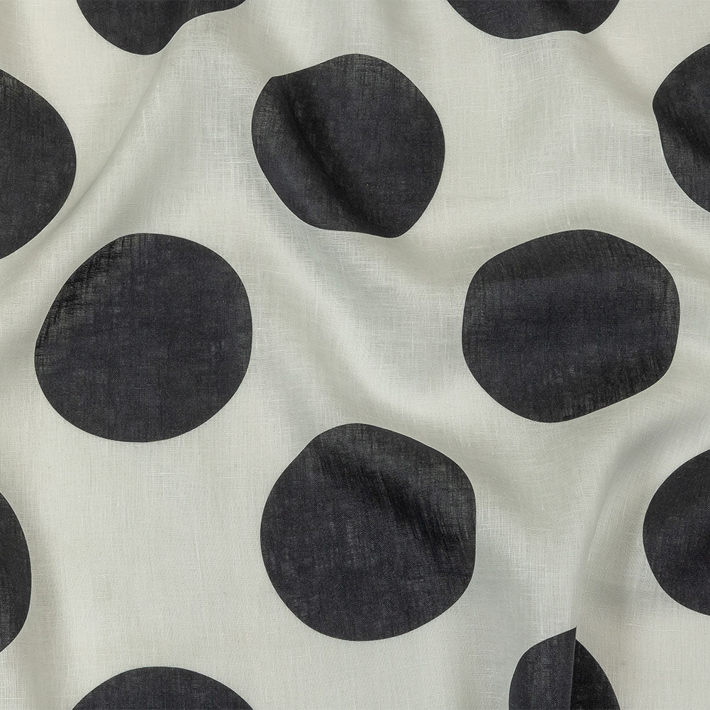 Medium Weight Linen Woven Print - Black and White Oversized Polka Dots