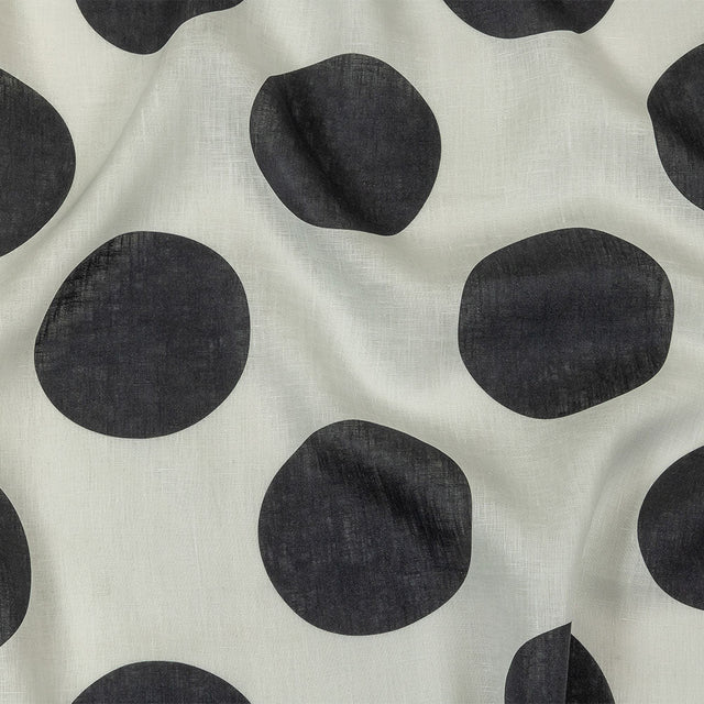Medium Weight Linen Woven Print - Black and White Oversized Polka Dots