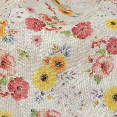 Pink, Yellow and Gray Wildflowers Medium Weight Linen Woven