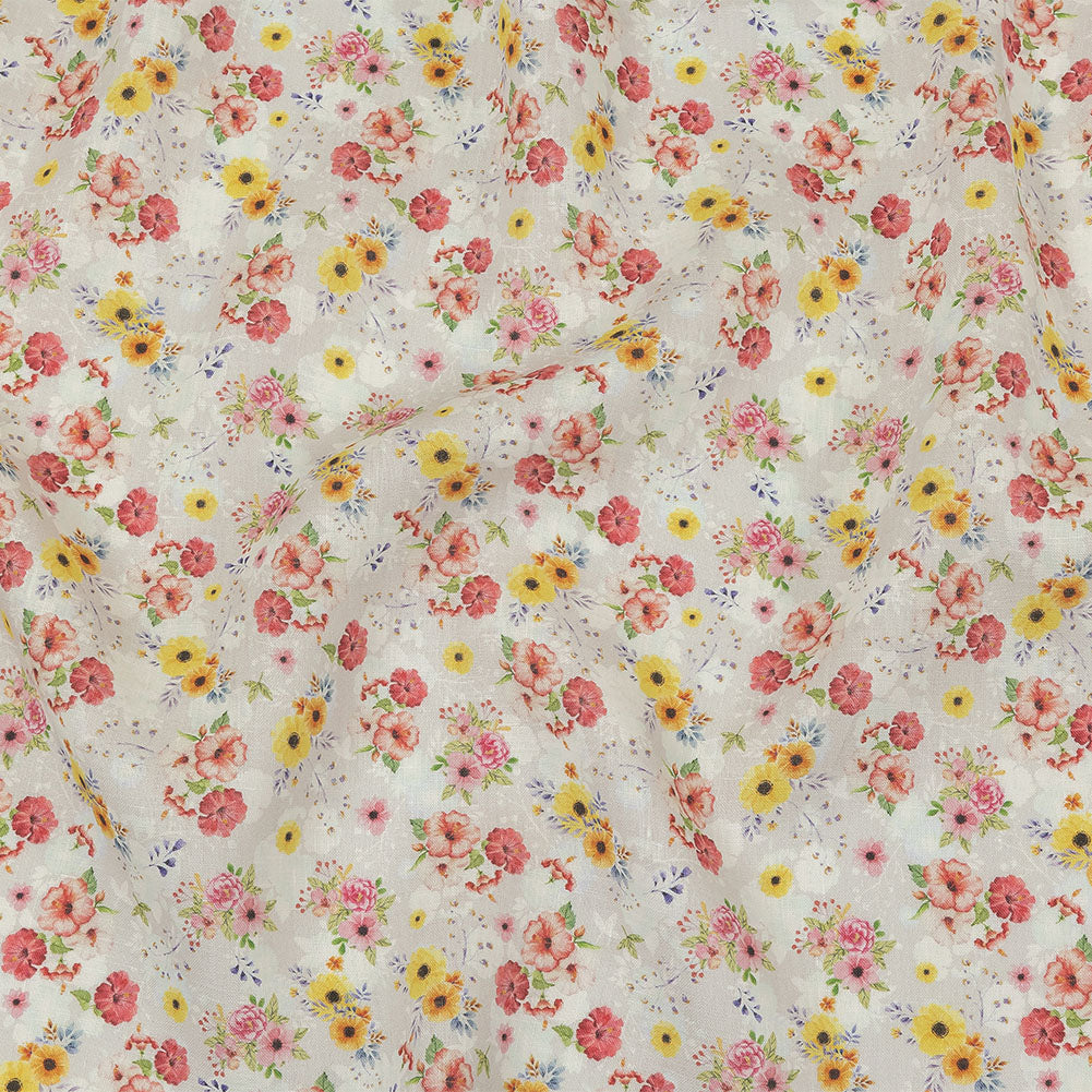 Pink, Yellow and Gray Wildflowers Medium Weight Linen Woven