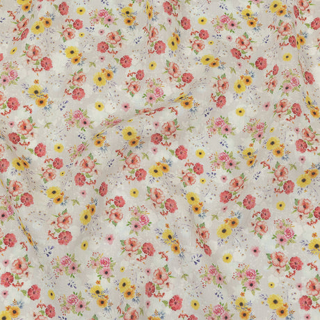 Pink, Yellow and Gray Wildflowers Medium Weight Linen Woven