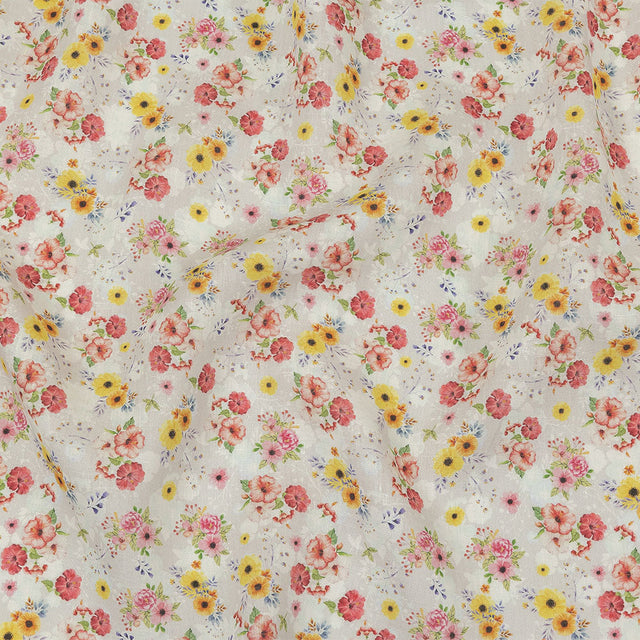 Pink, Yellow and Gray Wildflowers Medium Weight Linen Woven