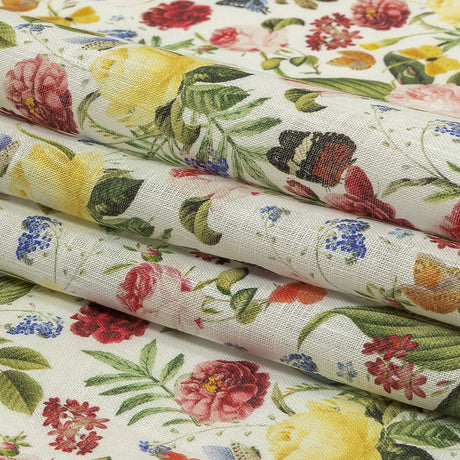 Dark Pink, Yellow and Green Butterfly Garden Medium Weight Linen Woven