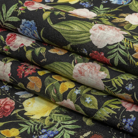 Black, Pink and Yellow Butterfly Garden Medium Weight Linen Woven
