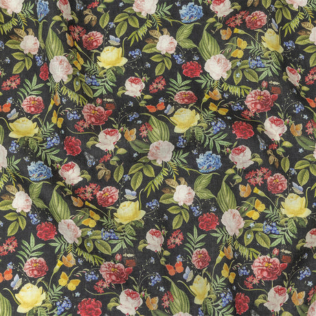 Black, Pink and Yellow Butterfly Garden Medium Weight Linen Woven