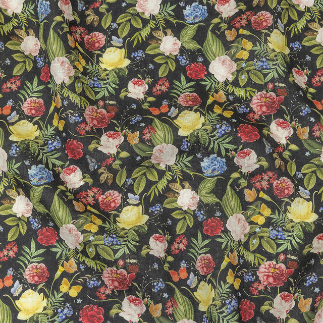 Black, Pink and Yellow Butterfly Garden Medium Weight Linen Woven