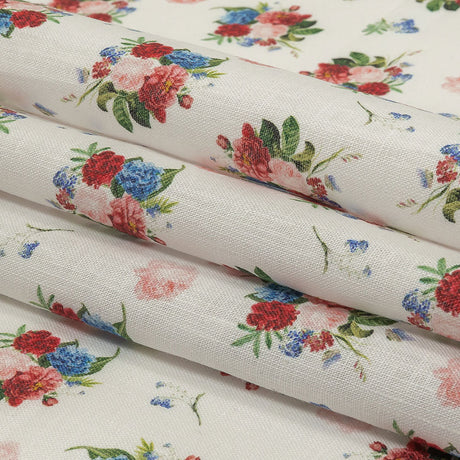 Pink, Blue and White Perfect Posies Medium Weight Linen Woven