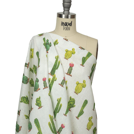 Green and Ivory Cactuses Medium Weight Linen Woven