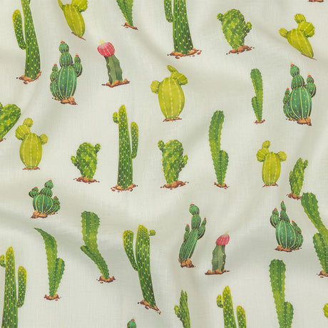Green and Ivory Cactuses Medium Weight Linen Woven