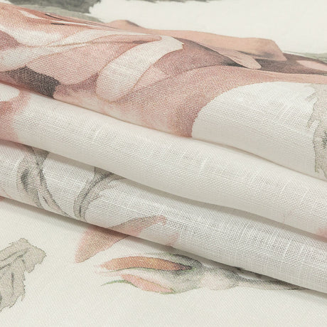 Dusty Pink, Gray and White Roses Medium Weight Linen Woven