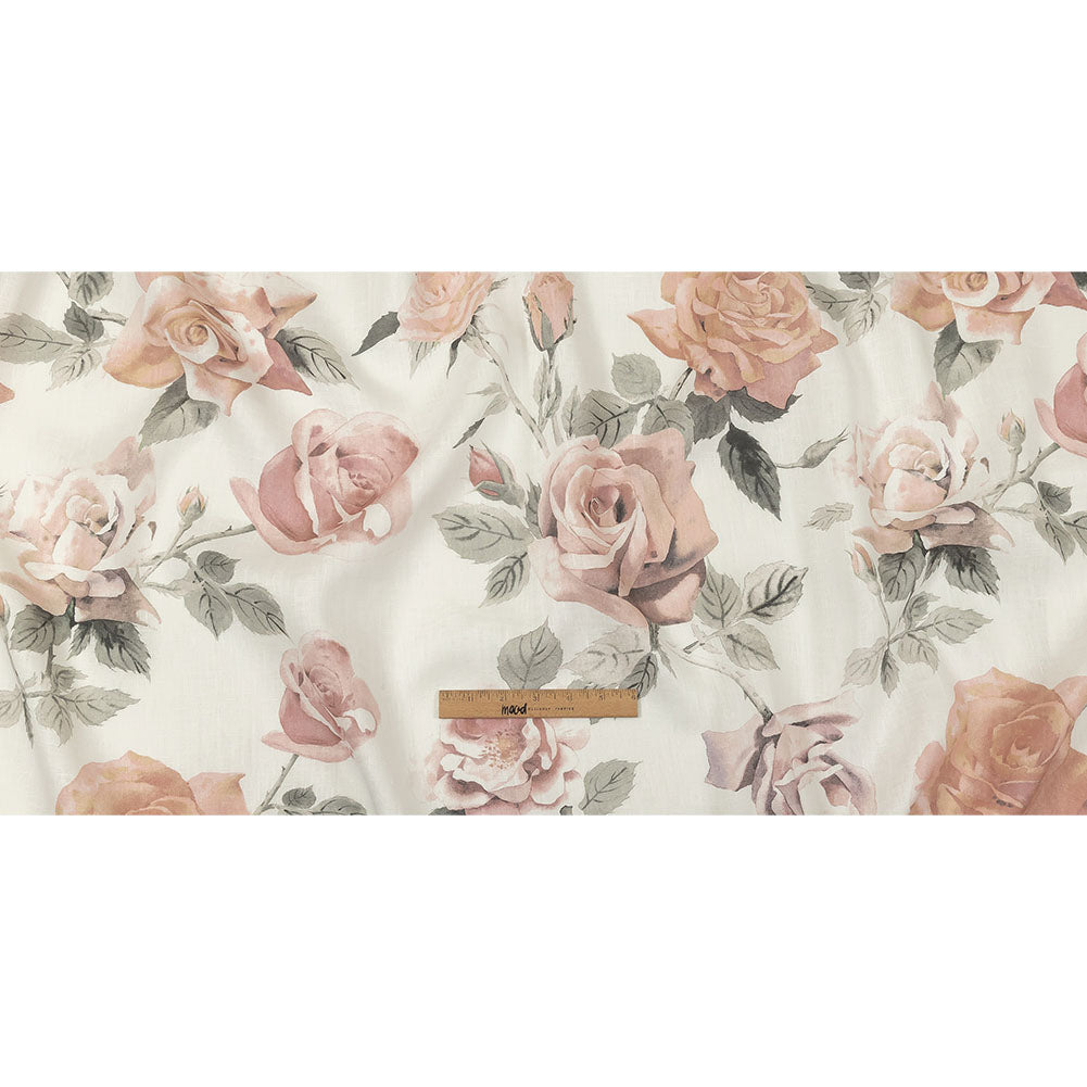 Dusty Pink, Gray and White Roses Medium Weight Linen Woven