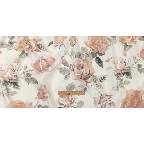 Dusty Pink, Gray and White Roses Medium Weight Linen Woven