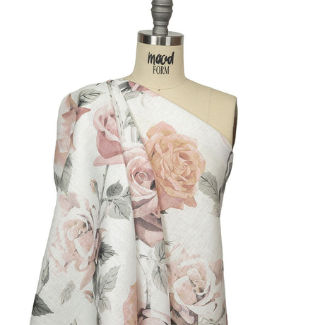 Dusty Pink, Gray and White Roses Medium Weight Linen Woven