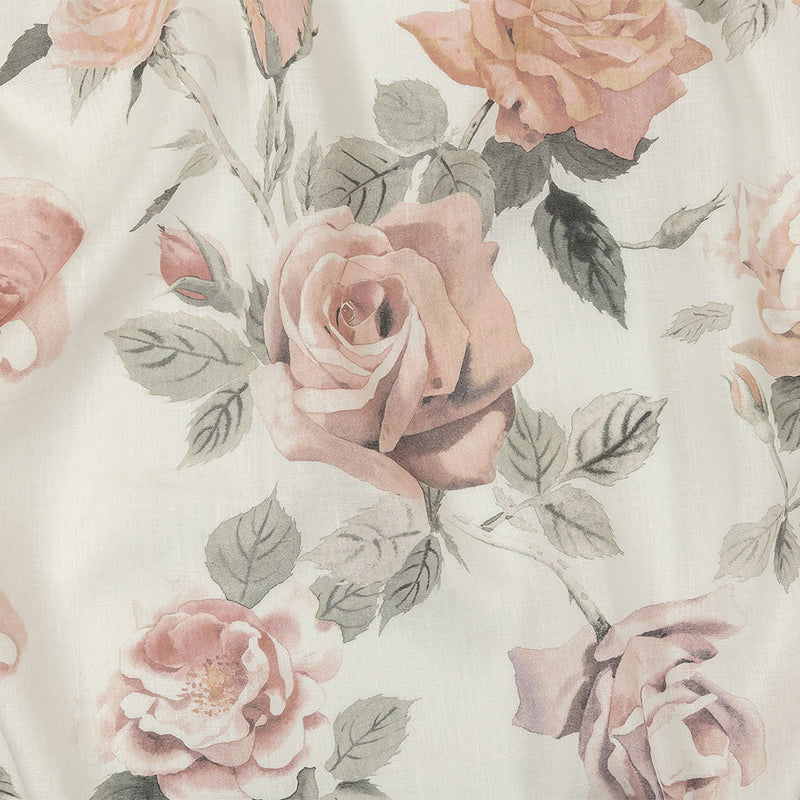 Dusty Pink, Gray and White Roses Medium Weight Linen Woven