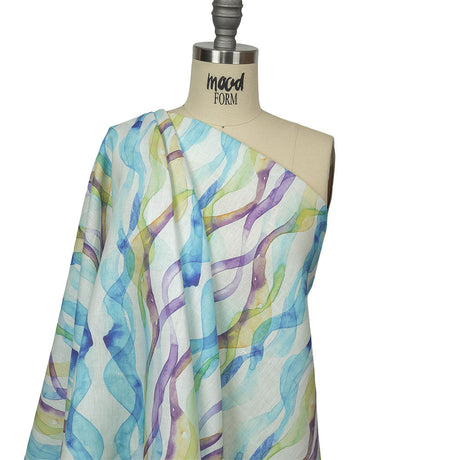 Turquoise, Lime and Eggplant Watercolor Waves Medium Weight Linen Woven