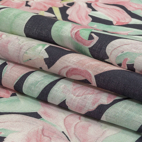 Pink, Green and Black Lilies Medium Weight Linen Woven