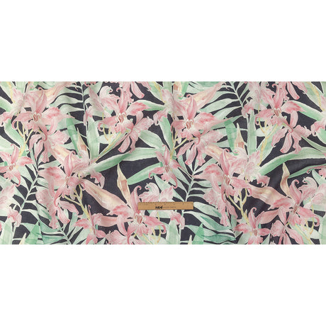 Pink, Green and Black Lilies Medium Weight Linen Woven