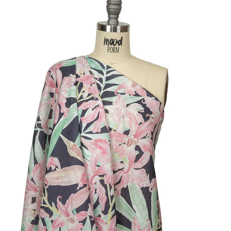 Pink, Green and Black Lilies Medium Weight Linen Woven