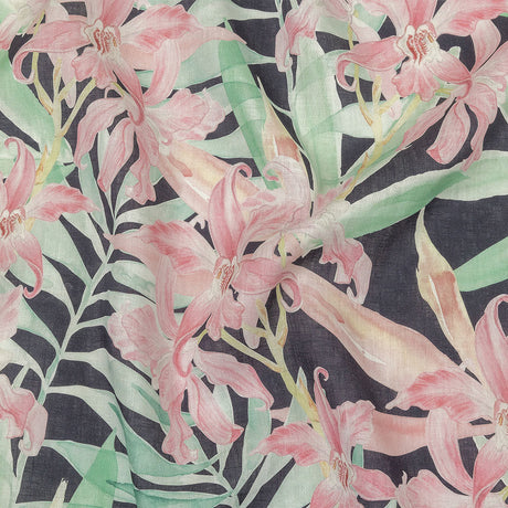 Pink, Green and Black Lilies Medium Weight Linen Woven