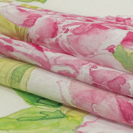 Pink, Green and White Watercolor Roses Medium Weight Linen Woven