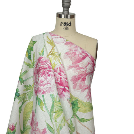 Pink, Green and White Watercolor Roses Medium Weight Linen Woven